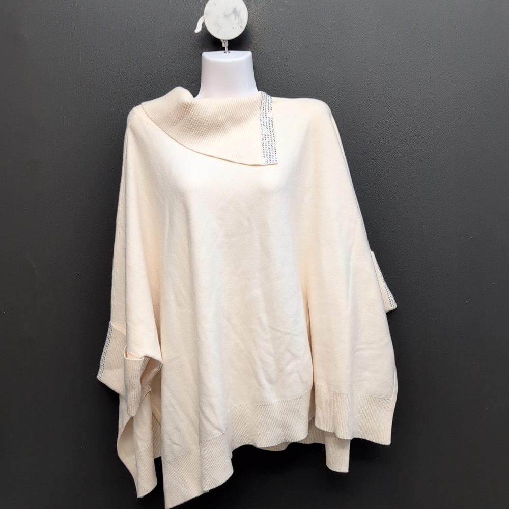 Chico's Rhinestones Embellished Cashmere Blend Poncho Large & XL English Cream